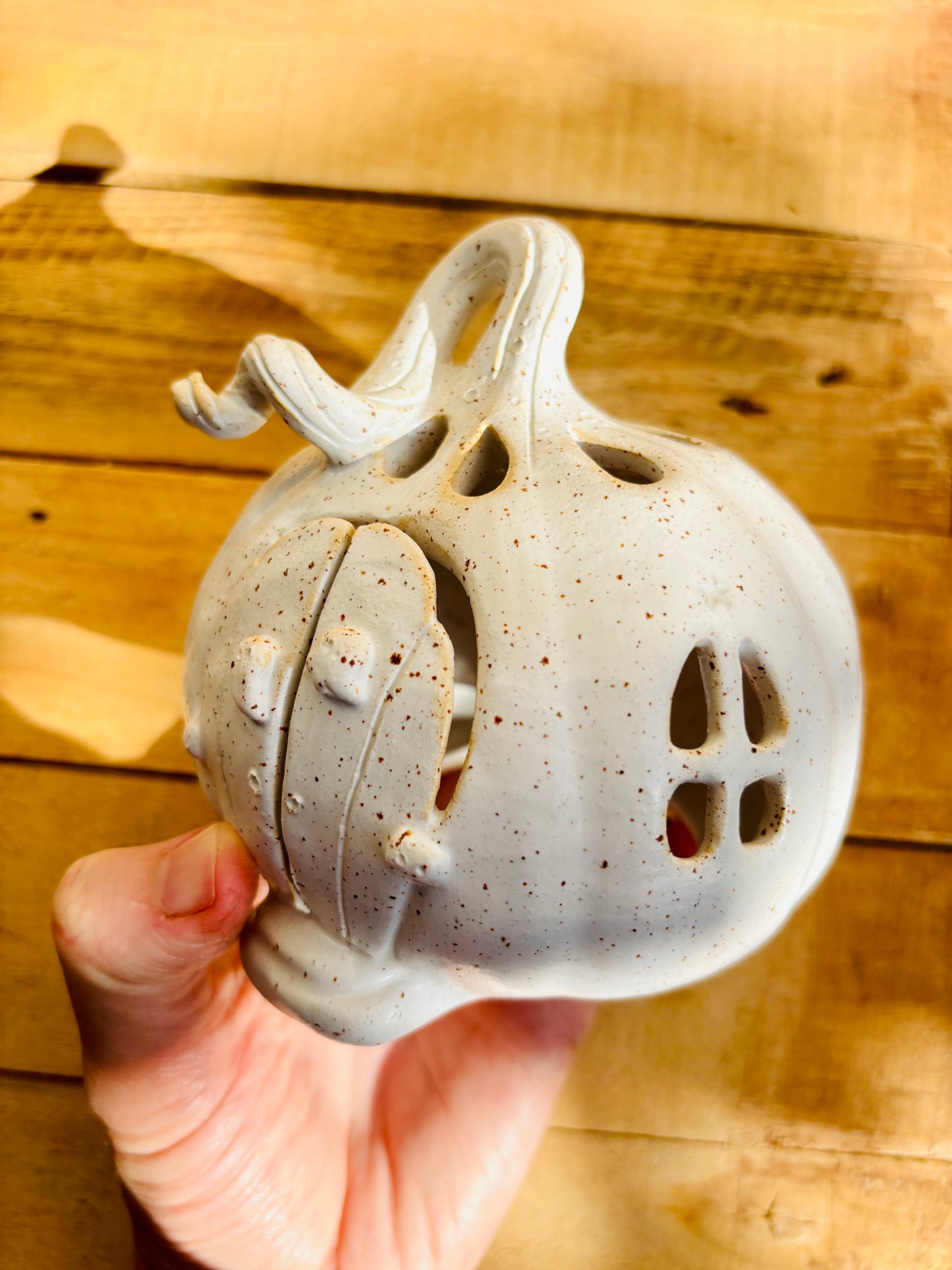 Maison citrouille - photophore blanc moucheté 2