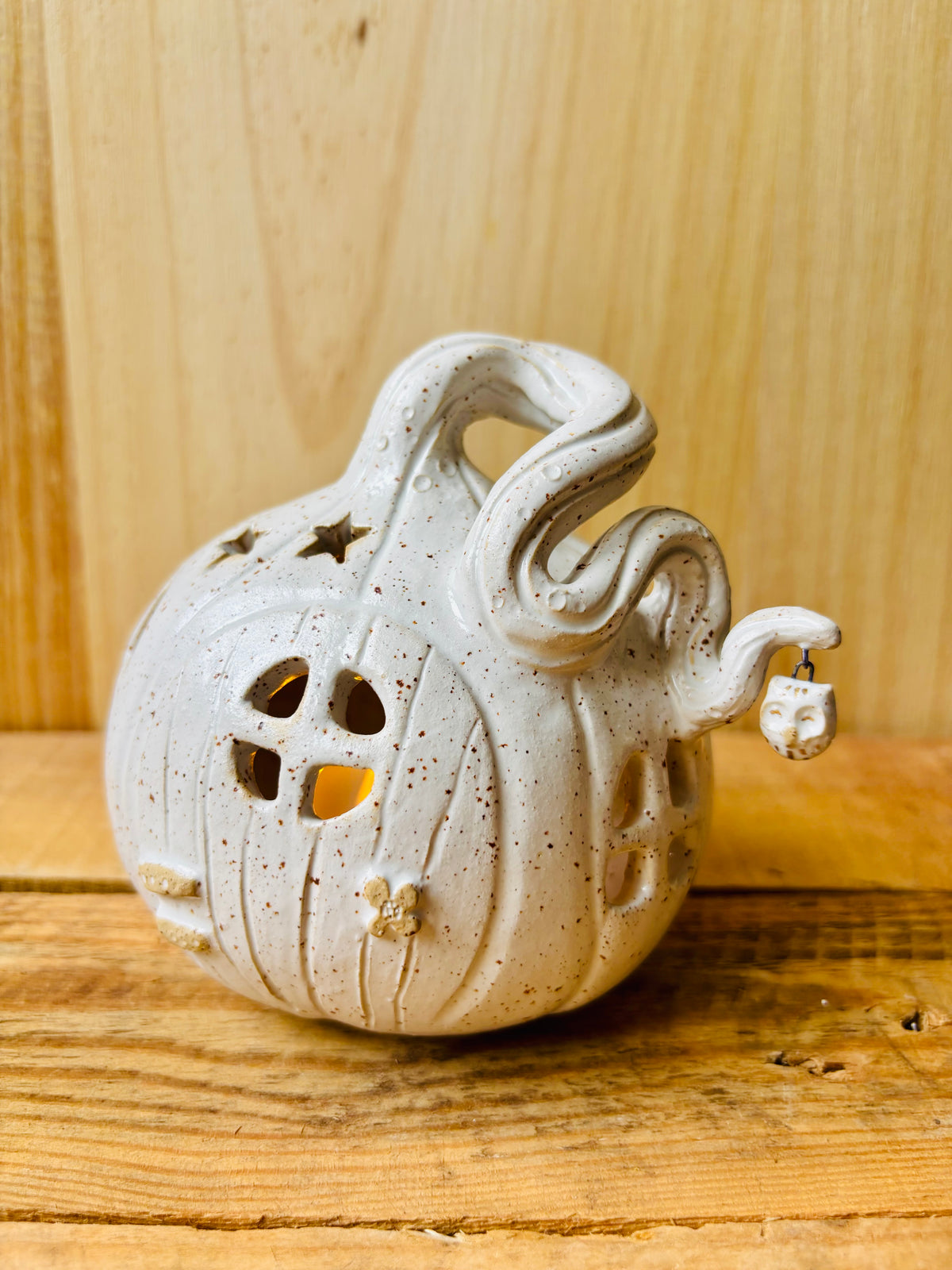 Maison citrouille - photophore blanc moucheté et or 3