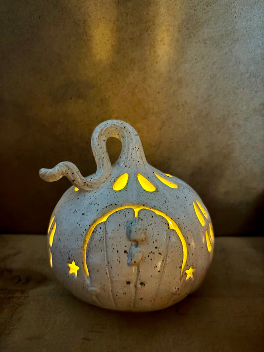 Maison citrouille - photophore blanc moucheté 1