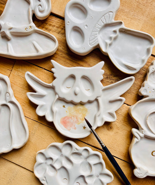 Hibou palette aquarelle blanche et or