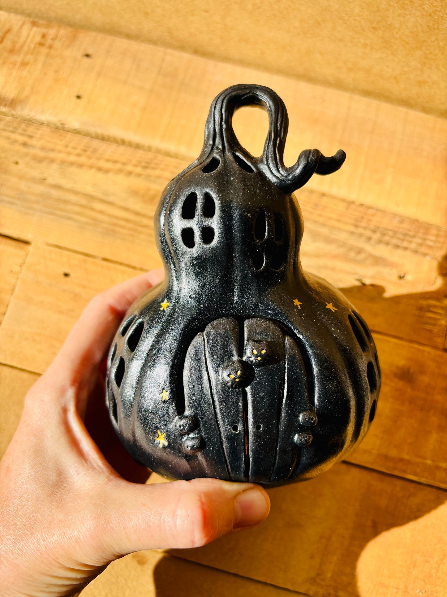Grande maison citrouille - photophore noir et doré 1