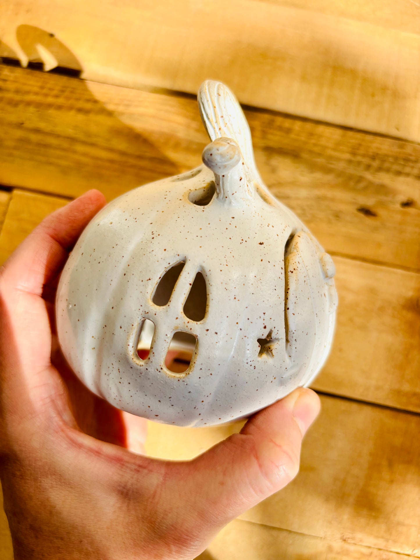 Maison citrouille - photophore blanc moucheté 1