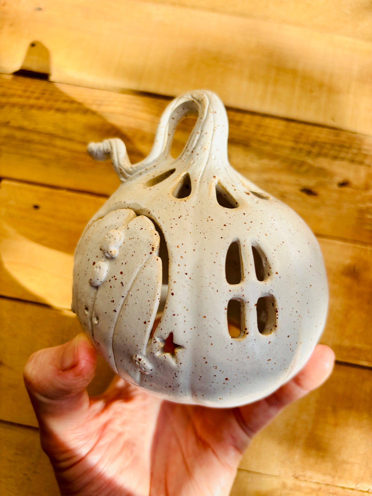 Maison citrouille - photophore blanc moucheté 1