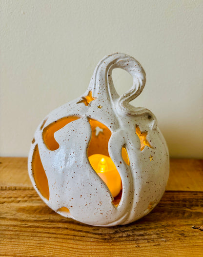 Grand Chat Citrouille - photophore blanc moucheté et or