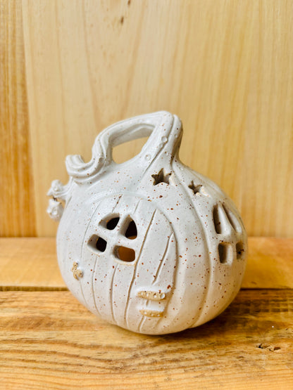 Maison citrouille - photophore blanc moucheté et or 4