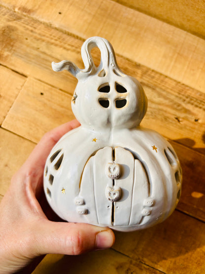 Grande maison citrouille - photophore blanc et or 1