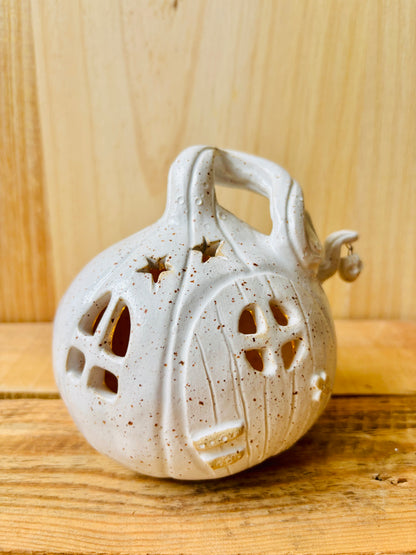 Maison citrouille - photophore blanc moucheté et or 3