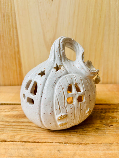 Maison citrouille - photophore blanc moucheté et or 2