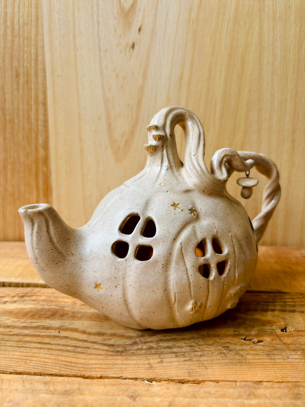 Théière citrouille - photophore beige pyrité et or - 2 - imparfaite