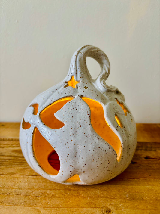 Grand Chat Citrouille - photophore blanc moucheté et or