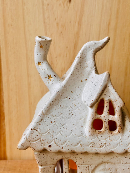 Grande maison cottage - photophore blanc moucheté et or
