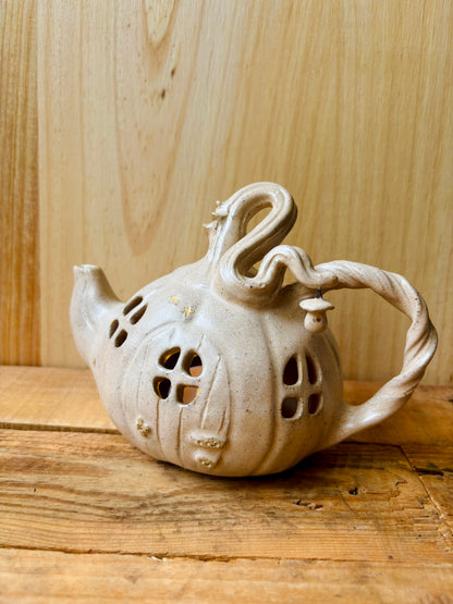 Théière citrouille - photophore beige pyrité et or - 2 - imparfaite
