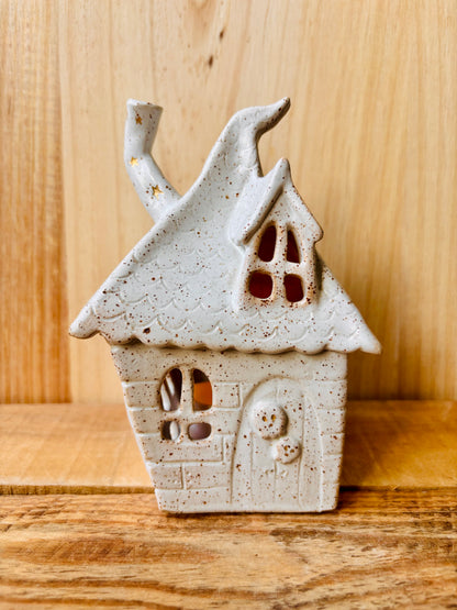 Grande maison cottage - photophore blanc moucheté et or