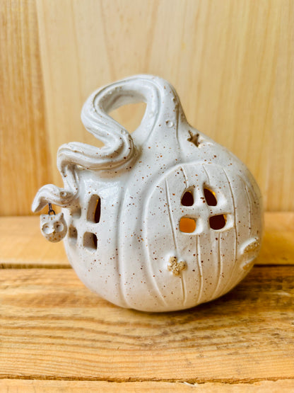 Maison citrouille - photophore blanc moucheté et or 4