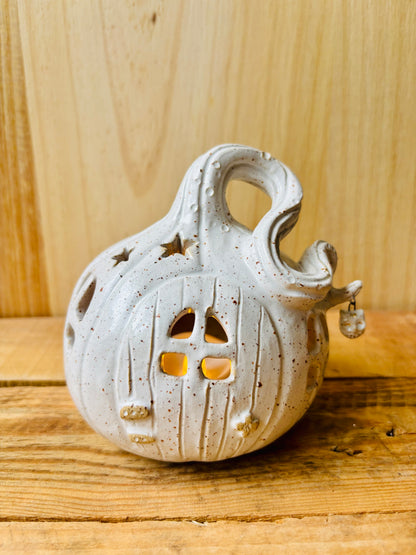 Maison citrouille - photophore blanc moucheté et or 2