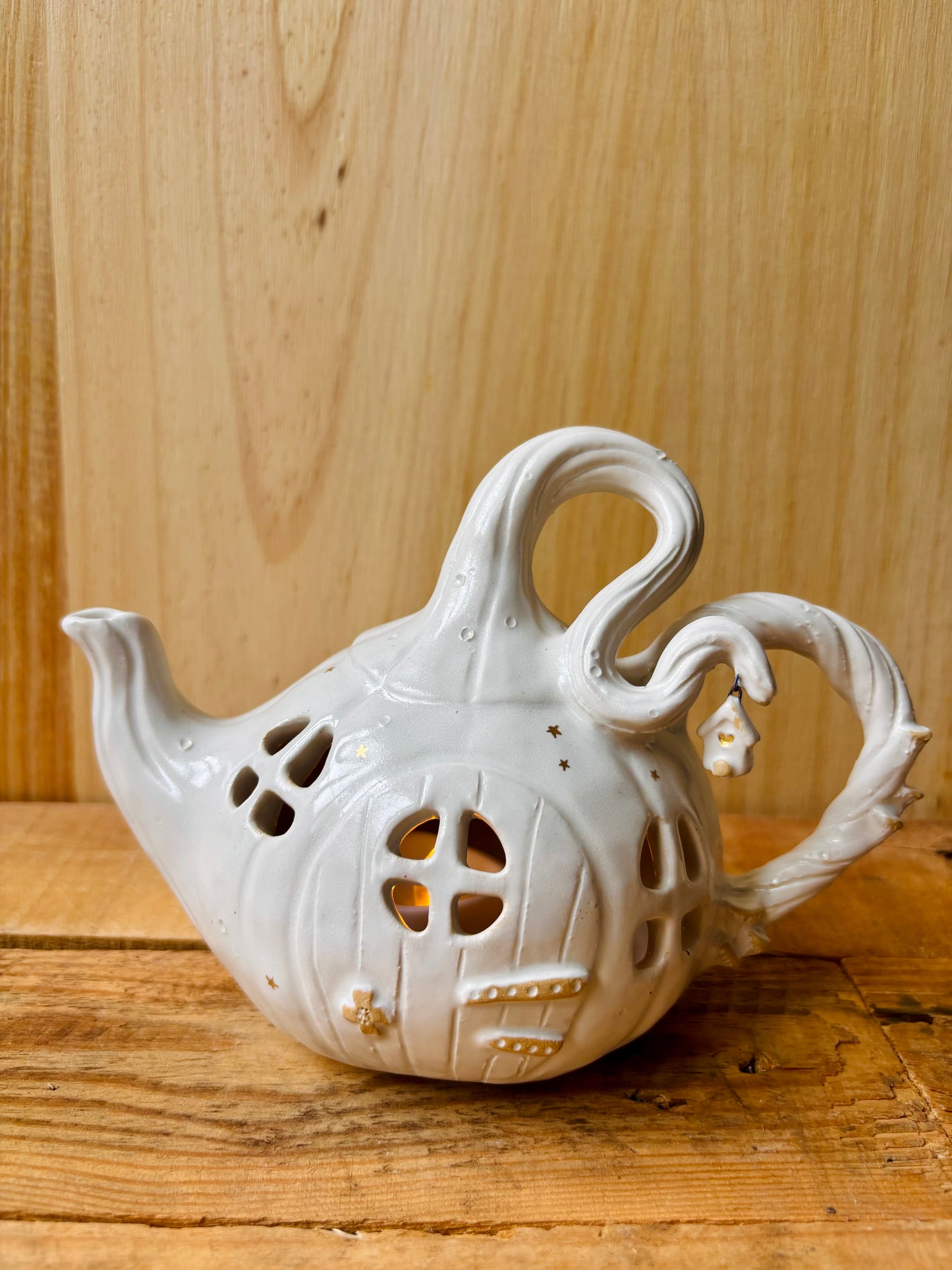 Théière citrouille - photophore blanc et or - 4 - imparfaite