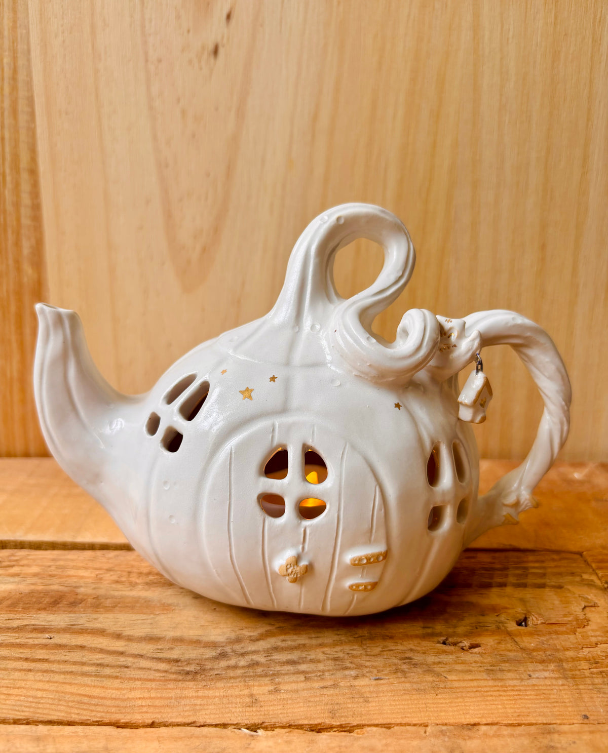 Théière citrouille - photophore blanc et or - 1 - imparfaite