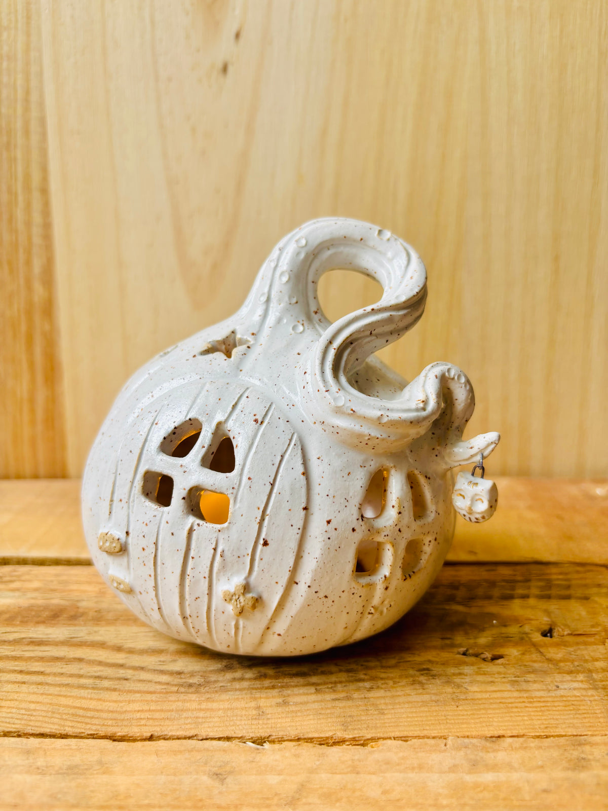 Maison citrouille - photophore blanc moucheté et or 2